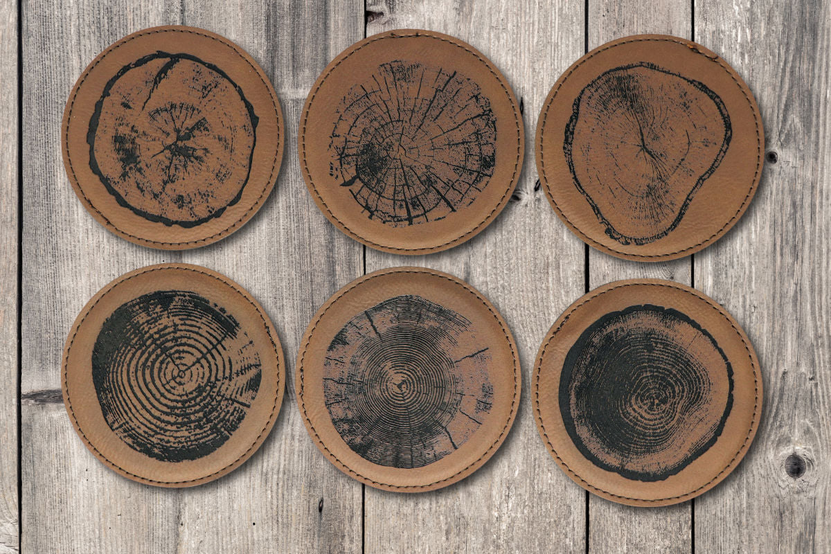 Tree Rings Round Leatherette Coaster Set - Dark Brown