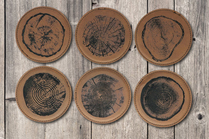 Tree Rings Round Leatherette Coaster Set - Dark Brown