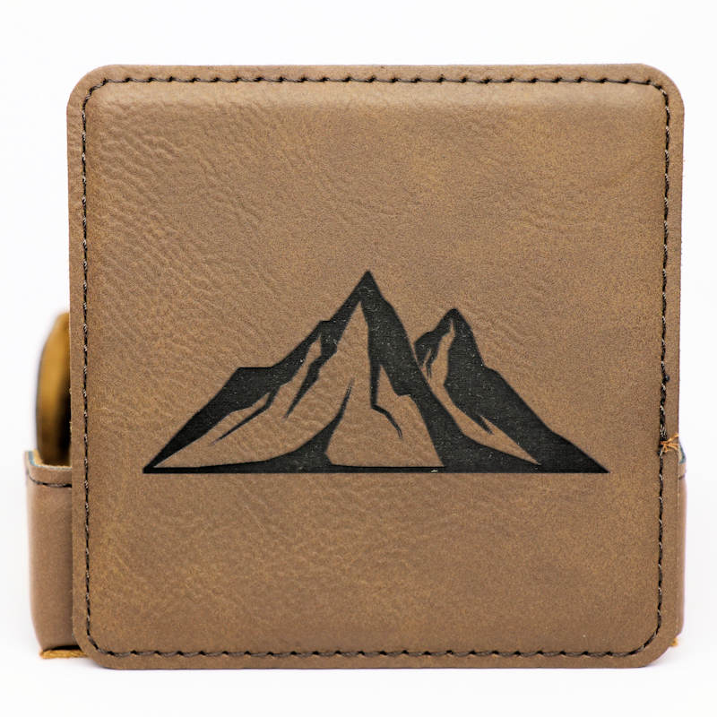 Mountains Square Leatherette Coaster Set - Dark Brown