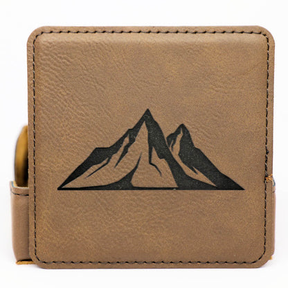 Mountains Square Leatherette Coaster Set - Dark Brown