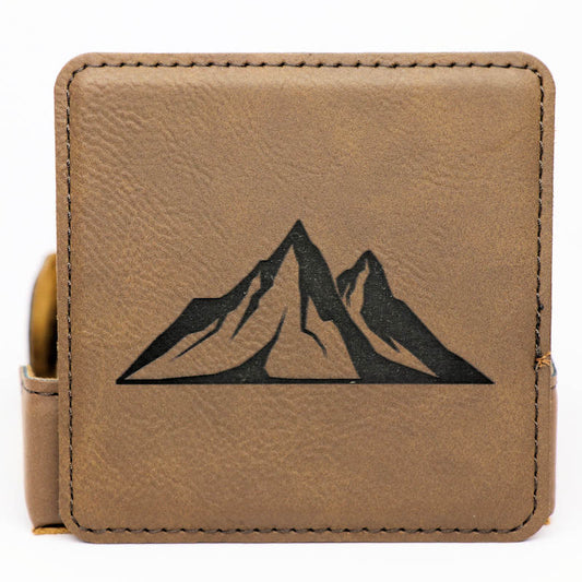 Mountains Square Leatherette Coaster Set - Dark Brown