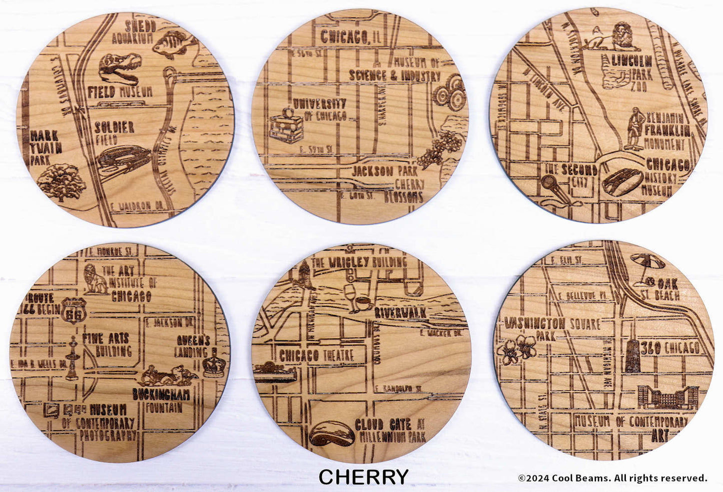 Chicago Illinois Solid Wood Coaster Set